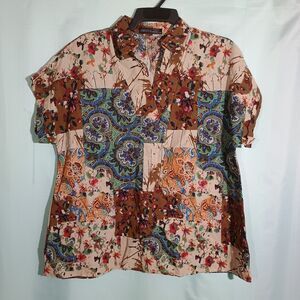 Women’s Floral Paisley Patchwork Blouse – Short Sleeve Boho Button Front Top